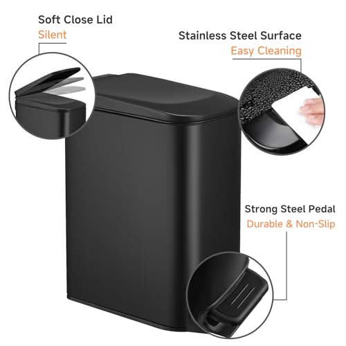 TIPGO Slim Bathroom Trash Can with Lid Soft Close, Step Pedal, 6 Liter / 1.6 Gallon Stainless Steel Garbage Can with Removable Inner Bucket, Anti-Fingerprint Finish (Matte Black) - color: Matte Black