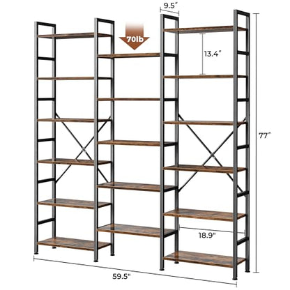 SUPERJARE Triple Bookshelf, Bookcase with 17 Open Display Shelves, Wide Book Shelf Book Case for Home & Office, 6 Tier, Brown, ABC003Z - color: Rustic Brown, size: 6 Tier