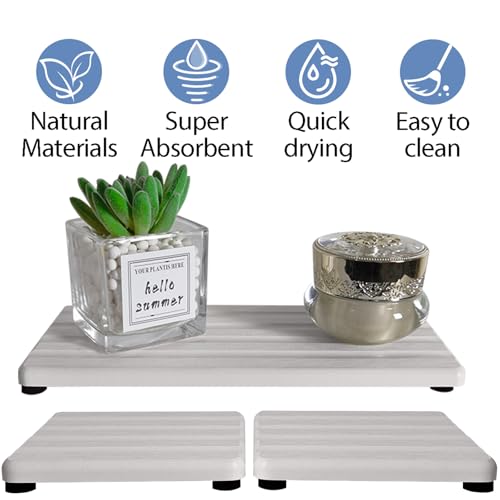 Set of 3 Diatomite Hand Soap Holder, Water Absorbing Stone Tray for Kitchen Countertop, Fast-Drying Bathroom Trays(1pcs 20 x 10cm + 2pcs 10 x 10cm White) - color: 1pcs 20 X 10cm + 2pcs 10 X 10cm White
