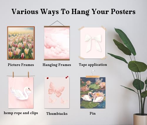 Isfvqyub Preppy Light Pink Flower Wall Art, Aesthetic Coquette Pastel Swan Poster For Girl Women, Trendy Girly Bow Butterfly Wall Decor For Bedroom Dorm College Nursery, Set Of 6 -A13 - size: Pastel Swan