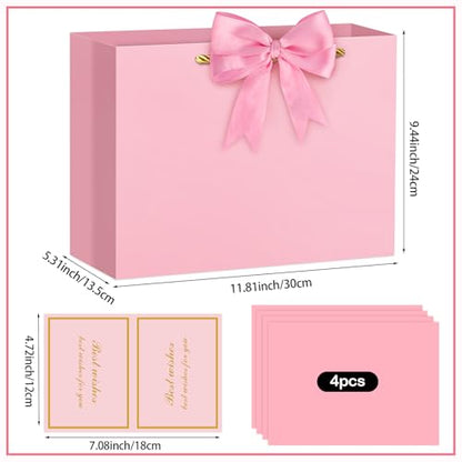 Hooqict Pink Gift Bag Large Birthday Gift Bags with Handles, 1 Ribbon, 4 Tissue Paper, 2 Greeting Cards for Women Girls Anniversary Wedding Baby Shower Valentines Galentines Mothers Day Presents - color: Pink