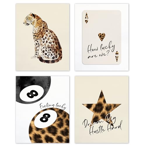 TLESKE Beige Cheetah Preppy Posters Prints Unframed 8x10 Set of 4, Trendy Aesthetic Lucky 8 Balls Wall Art Prints Decor for Teen Girls Dorm Bedroom Living Room, Retro Cheetah Print Wall Picture - color: beige cheetah, size: 10L" x 8W"