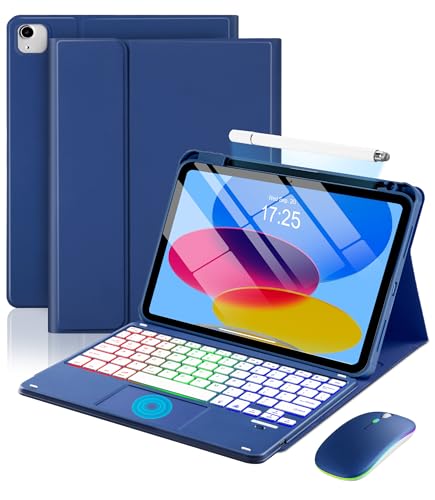 MePadKey Touchpad Keyboard Case for iPad A16 11th/10th Generation/Air 11 inch M4 M3 M2/Air 5th 4th 10.9-inch,Rainbow Backlight Type-C Charging Keyboard Cover with Stylus Pencil and Mouse, Dark Blue - color: Dark Blue