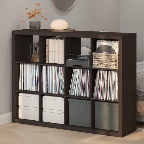 Furinno Cubicle Record Player Stand with Vinyl Storage, 12-Cube Vinyl Record Storage, 1.65" Triple Thick Open Back Media Shelf for CD DVD Blueray Game, for Living Room, Home Office, Black Dark Oak - color: Black Dark Oak, size: Triple Thick, 12-Cube Stand