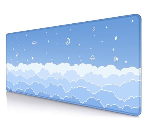 Cute Pastel Blue Desk Mat, Minimalist Large Gaming Mouse Pad Mousepad for Laplop, Kawaii Anime Desk Pad, Gradient White Clouds Computer Pads, Aesthetic Stars Moon Deskpad, 31.5 X 11.8 Inch - color: Gradient Clouds