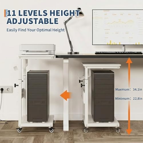 Garvee PC Computer Tower Stand with Wheels, 2-Tier Adjustable CPU Holder Cart, Rolling Mobile Desk Stand with Cable Management & Hooks, Small Side Table for Home Office/Gaming, White - color: White