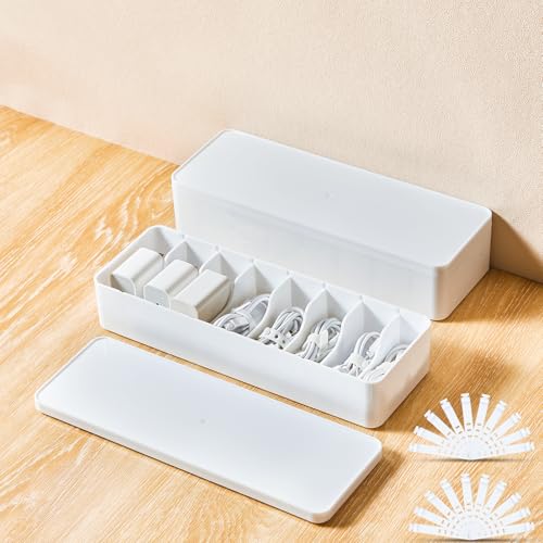 Tatuo 2 Pcs Cable Organizer Box with Wire Ties, Plastic Cord Storage Box with Lid, Electronics Organizer for Home Office Desk Organizers and Accessories (White) - color: White