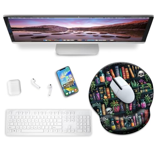Mouse Pad with Wrist Rest, Goth Ergonomic Mouse Pads Wrist Support for Desk, Funny Skull Gothic Gaming Mousepad for Wireless Mouse Computer Work Home Desk Accessories Office Supplies Witchy Book - color: 0 Goth Bookshelf