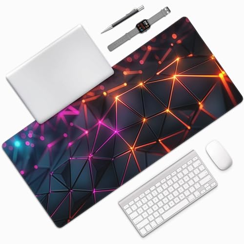 Extra Large Gaming Mouse Pad, Abstract Neon Geometric Design, Non-Slip Rubber Base, 35.4 x 15.7 Inches - color: Neon Geometric