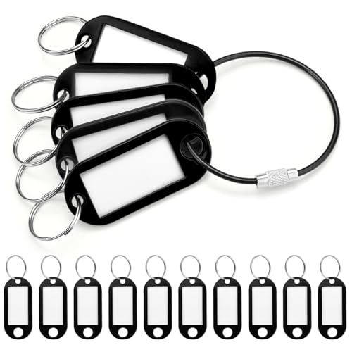 CooBigo 10 Pack Plastic Key Tags with Labels and Split Ring, Black Cable Key Ring and Key Labels for Keys, USB Drive and Luggage Organization - Black - color: B-black 11pcs