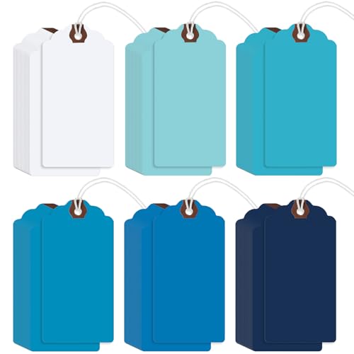Outus 60 Pcs 4 3/4-in x 2 3/8-in Blank Large Paper Gift Tags with String and Reinforced Eyelet Wire Writable Price Tags Shipping Labels Inventory Labels(Gradient Blue) - color: Gradient Blue, size: Solid Style