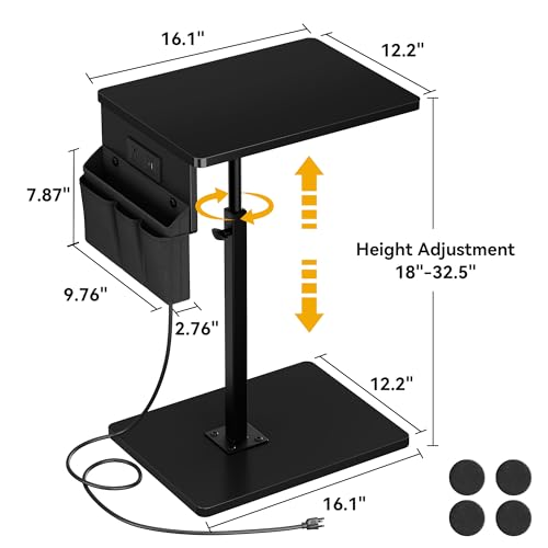 Vagusicc Sofa Armrest Tray Table for Couch - 360° Swivel Height Adjustable Side Table for Small Spaces, Snack Side Table for Bed or Chair, C Shaped End Table Snack Table for Eating Dinner Laptop - color: Black, style: With Plug+Storage Bag