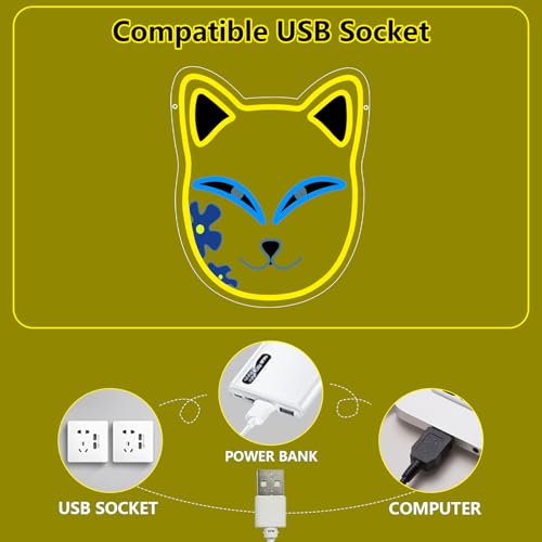 Anime Neon Sign, Fox Face Led Neon Light Signs for Wall Decor Japanese Light up Sign for Bedroom Game Room Party Decoration Birthday Gift for Girl Christmas Dimmable USB Powered(13.8"*12.4") - style: MASK YELLOW