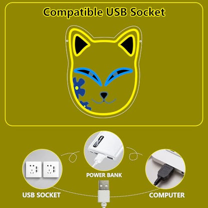 Anime Neon Sign, Fox Face Led Neon Light Signs for Wall Decor Japanese Light up Sign for Bedroom Game Room Party Decoration Birthday Gift for Girl Christmas Dimmable USB Powered(13.8"*12.4") - style: MASK YELLOW