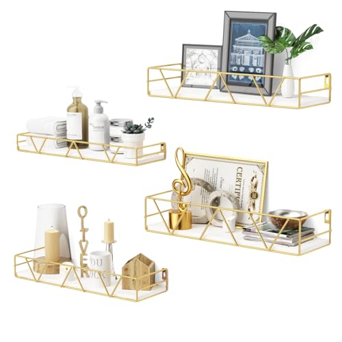 Amaoot Floating Shelves Set of 3, Home Wood Wall Shelf, Farmhouse Shelf for Bedroom, Wall Mounted Floating Shelf for Living Room, Bedroom, Bathroom, Kitchen, Office (Gold-4pcs) - color: Gold-4pcs