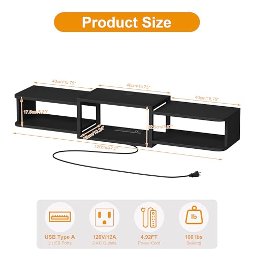 Qupui 47.2'' Wall-Mounted Floating TV Stand with LED Lighting, Modern Wooden Media Console Shelf Featuring Built-in USB Ports and Electrical Outlets. Under-TV Storage for Living Room, Bedroom - color: Black