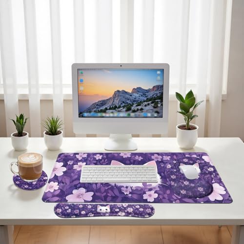 Cute Cat Desk Mat Set Purple Floral Kawaii Cartoon Large Mouse Pad with Wrist Rest 4in1 Desk Mat for Desktop Ergonomic Keyboard Wrist Support Anti-Slip Computer Ergonomic Mouse Pad Home Office Gaming - color: Cute Cat