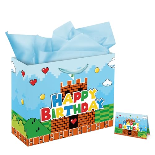 13" Large Super Brother Gift Bag Set with Greeting Card and Tissue Papers, Video Games Theme Happy Birthday Gift Bags for Birthday Party Celebration.