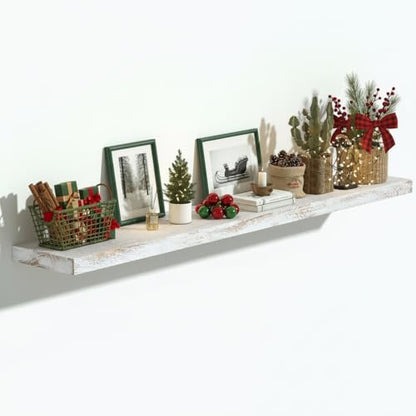 Flat Edge Elm Wood Floating Shelf with Invisible Bracket 48”Weathered White - color: Weathered White, size: 48”,set of 1