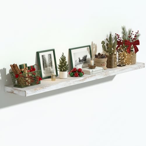 Flat Edge Elm Wood Floating Shelf with Invisible Bracket 48”Weathered White - color: Weathered White, size: 48”,set of 1