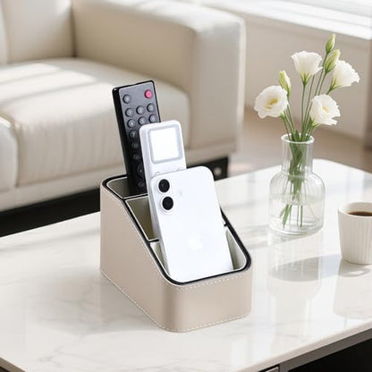 PU Leather Remote Control Holder, Small Desk Organizer Office Supply Bedside Caddy for Nightstand End Table Couch, Pen Remote Organizer with 3 Compartments (Beige) - color: Beige