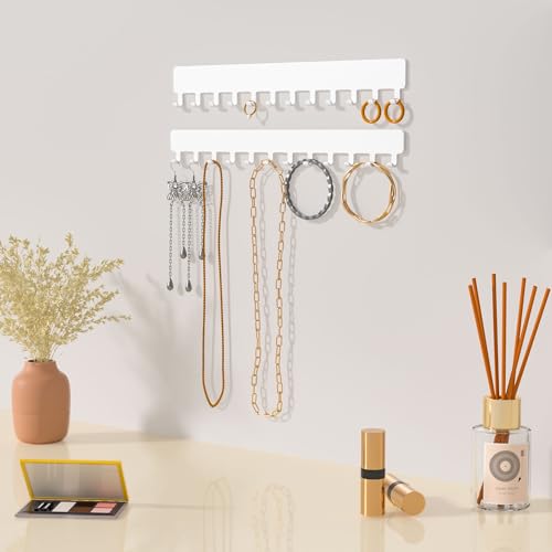 Necklace Holder Hanging Jewelry Organizer - Self-Adhesive Wall Mounted for Necklaces, Bracelets, 2 PCS, White - color: White