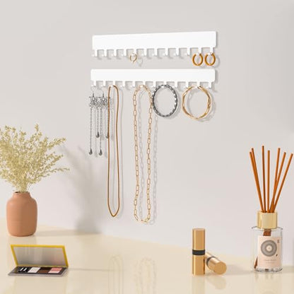 Necklace Holder Hanging Jewelry Organizer - Self-Adhesive Wall Mounted for Necklaces, Bracelets, 2 PCS, White - color: White