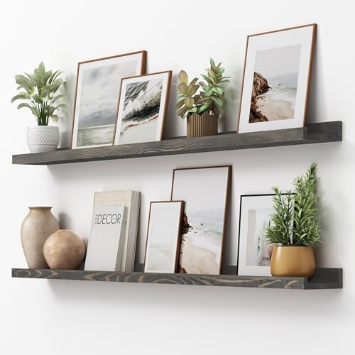 FLYJOE Picture Ledge Shelf, Floating Shelves Set of 2, Solid Pine Wood 55'' Long Large Nursery Book Shelves for Toys Storage, Kids Bookshelf for Living Room Bedroom Decor Books Photo Frames, Grey - color: Grey, size: 56'', set of 2
