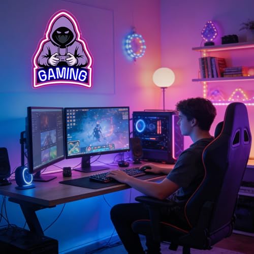 Gaming Neon Sign, Purple Hooded Gamer LED Neon Sign with Controller, Gaming Wall Decor for Game Room, Bedroom, Man Cave, Perfect Gamer Gift for Men, Teens & Boys - color: Gaming Rose red