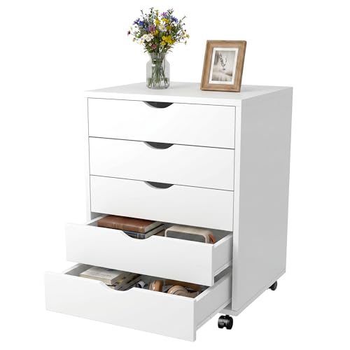 5 Drawer File Cabinet, Under Desk Storage Organization with Wheels, Mobile Filing Chest for Small Desk Printer Stand for Home Office, White - color: White, size: 15.75"D x 18.74"W x 25.39"H