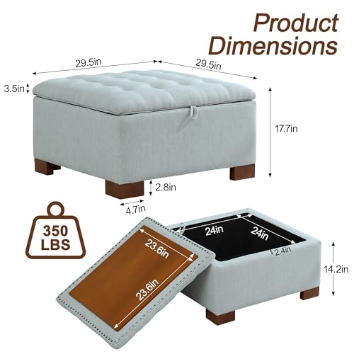 WUTUTUEE 30" Fabric Square Storage Ottoman with Wooden Tray, Modern Tufted Button Footstool Coffee Table, Upholstered Large Ottoman for Living Room, Bedroom, Blue - color: Blue, size: 30 Inch