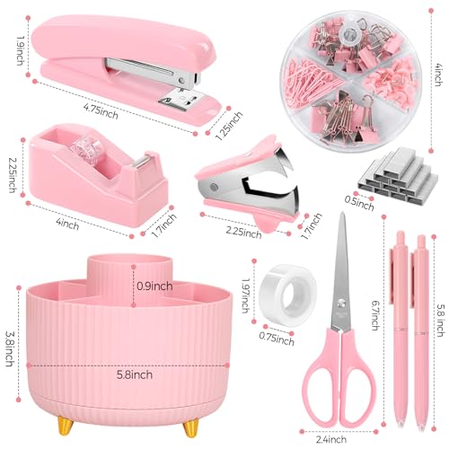 SKYDUE Pink Desk Accessories 10Pcs, Rotating Pen Holder for Desk, Stapler, Staple Remover, Tape Dispenser,2pcs Tape Refills, Binder Paper Clips Kit, Scissor,Pink Office School Supplies - color: Pink