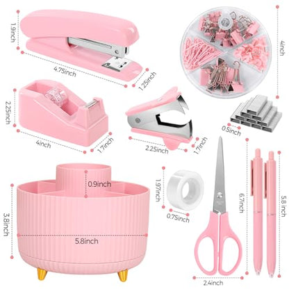 SKYDUE Pink Desk Accessories 10Pcs, Rotating Pen Holder for Desk, Stapler, Staple Remover, Tape Dispenser,2pcs Tape Refills, Binder Paper Clips Kit, Scissor,Pink Office School Supplies - color: Pink