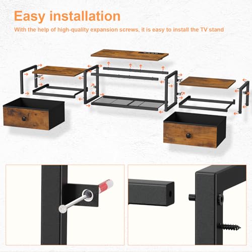 Snughome Floating TV Stand with Power Outlet 55", Wall Mounted Entertainment Center with LED Lights, Floating TV Shelf with Drawer, Wall Mounted Media Console Shelf for Living Room, Bedroom - color: Rustic Brown, size: 55.12" x 11.02" x 6.5"