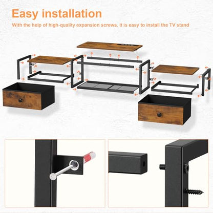 Snughome Floating TV Stand with Power Outlet 55", Wall Mounted Entertainment Center with LED Lights, Floating TV Shelf with Drawer, Wall Mounted Media Console Shelf for Living Room, Bedroom - color: Rustic Brown, size: 55.12" x 11.02" x 6.5"
