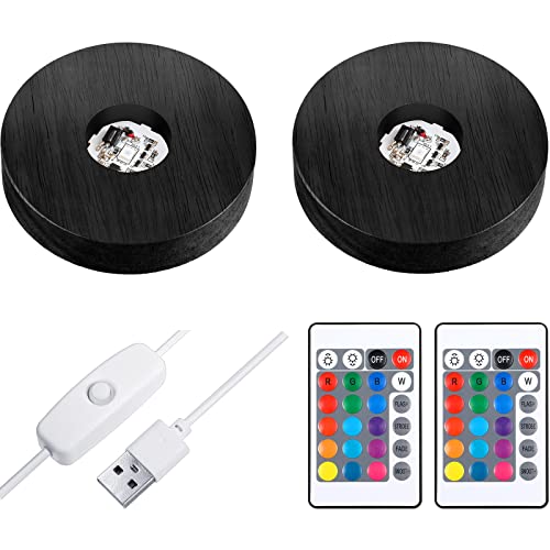 Mudder 2 Pcs Light LED Base Wood LED Display Base for Glass Art Decor Crystal Acrylic Resin, 16 Colored USB Light with Remote Wooden Round Lamp Stand for 3D Crystal Ball Room Home Decor(Black) - color: Black
