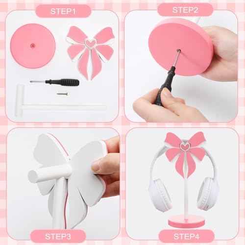 Kingdder Pink Bow Headphone Stand Cute Wood Headphone Stand Adorable Headset Holder Accessories Gamer Gifts for Teenage Women Teacher Girlfriend Office Worker Wife Gamer Room Decor Office Desk - style: Pink Bow