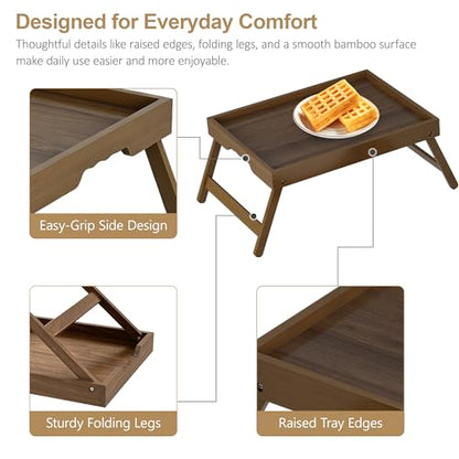 Large Breakfast Tray with Folding Legs Set of 2, 16.9" x 12.2" Bamboo Bed Tray Table with Ergonomic Wave Handles, Foldable TV Dinner Tray for Bed Couch Sofa, Breakfast, Laptop, Coffee, Walnut - color: Walnut, size: Large