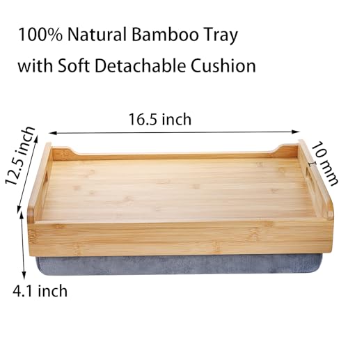 TOPZEA Bamboo Lap Tray with Detachable Cushion, 16.5"x 12.5" Bed Trays TV Lap Desk, Breakfast Meal Serving Tray with Handle for Adults Eating in Recliner, Couch, Car, Fits for 13-14 Inch Laptops