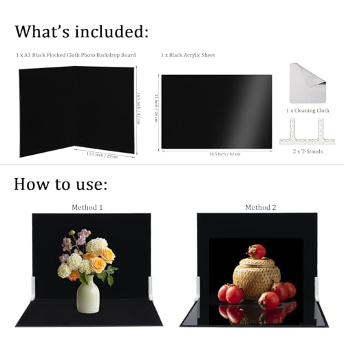 Product Photography Backdrop Kit, Reflective Black Acrylic Sheet & Light-Absorbing Flocked Backdrop Board, Tabletop Photo Background for Figurines, Jewelry and Cosmetics, 16x11.5in, MDAOCRY