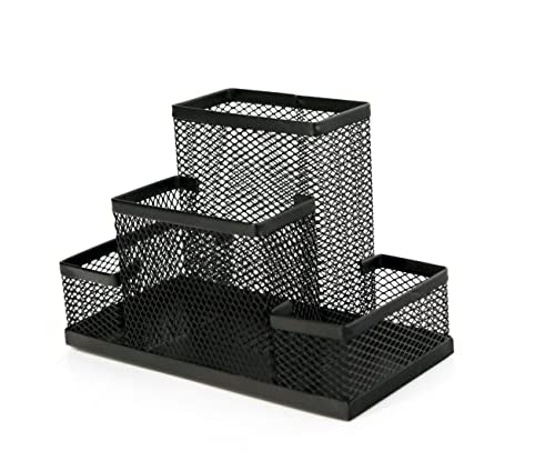 Huron Pen Holder and Desk Organizer Caddy, 4 Compartment Storage for Pencils Pens Sticky Notes Office Desk Accessories for Home Office,Black Steel Mesh (1/4/24/96) (1 pc)