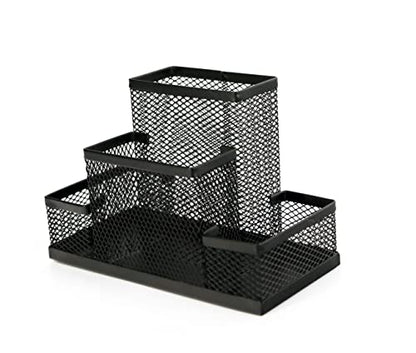 Huron Pen Holder and Desk Organizer Caddy, 4 Compartment Storage for Pencils Pens Sticky Notes Office Desk Accessories for Home Office,Black Steel Mesh (1/4/24/96) (1 pc)