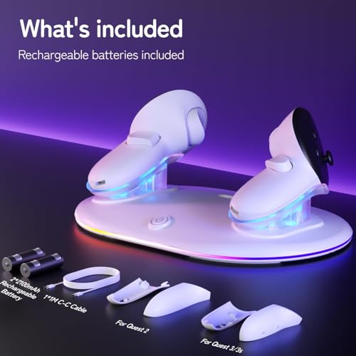 Compact Charging Dock for Meta Quest 3/3s/2 Controllers with RGB Light, VR Accessories Display Stand & Wireless Charging Station for Oculus Controllers with Rechargeable Batteries (2100mAh*2)