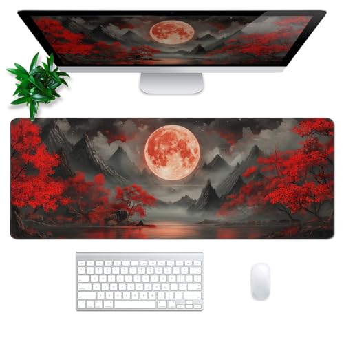 Darkness Red Moon Mouse Pad Abstract Red Mouse Pad 31.5x11.8 Inch Texture Non-Slip Rubber Base Large Mousepad Stitched Edges Keyboard Mouse Mat Desk Pad for Office and Home - color: Darkness Red Moon
