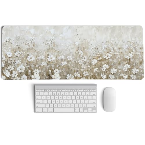 Beige Spring Floral Mouse Pad,Summer Wildflower Aesthetic Mouse Pads,Cottagecore Flower Desk Mat,Cream Floral Botanical Mousepad for Home Office Dorm Desktop Decor,31.5x11.8 Inch - color: Floral Beige XL