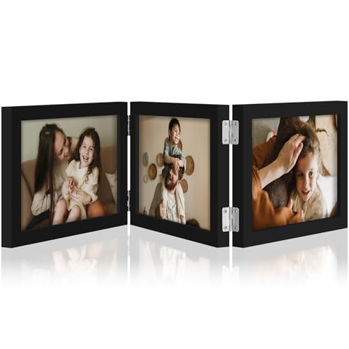 decorUhome Black Triple 7x5 Picture Frame Horizontal, MDBK08 | "Z" Shape Folding Design Engineered Wood Trifold Photo Frame with Plexiglass for Tabletop Display - color: Black, size: 7x5