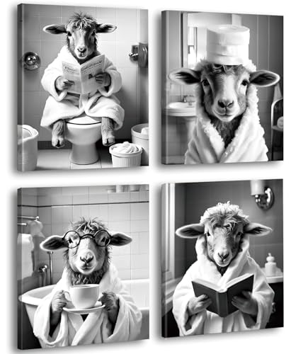 Framed Funny Christian Lamb Bathroom Wall Art,Black and White Newspaper Bible Coffee Sheep Toilet Posters Pictures Wall Decor,Animal Canvas Prints for Home Home Decoration Set of 4 (8”x10”inch) - color: 8x10inch（framed) Funny Christian Lamb Bathroom Wall