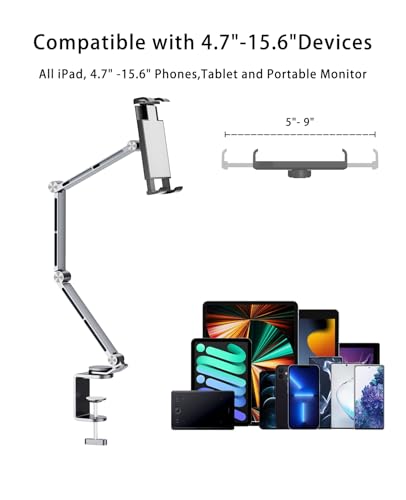 iPad Mount for Desk Aluminum Alloy Tablet Stand Foldable Overhead Arm Holder Mount Fits for 4.7-15.6" Screen Phone,Kindle,Fire HD,Monitor,iPad,Galaxy Tab Series (Silver) - color: silver