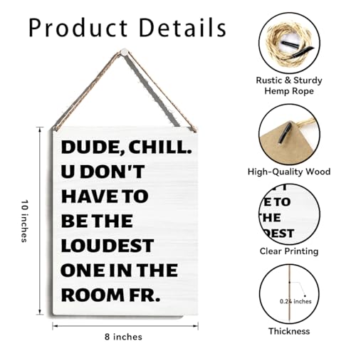 Funny Hanging Wooden Sign, Funny Classroom Theme Door Wall Decor 8x10 Inch, Dude Chill U Don't Have To Be The Loudest One In The Room FR, Sarcastic Gifts for Brother Friends Teachers Students - color: Dude Chill