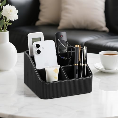 Remote Control Holder with 4 Compartments, PU Leather Small Nightstand Organizer for Home Desk Accessories Office Supplies, Multifunctional Stylish Small Bedside Desktop Organizers (Black) - color: Black